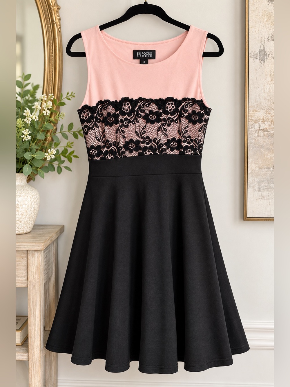 Enfocus Studio Pink Black Lace Fit Flare Dress Size 8 Stretch